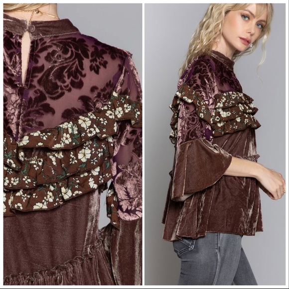 Cocoa Velvet & Bell Sleeves Ruffle Top - Picture 2 of 9